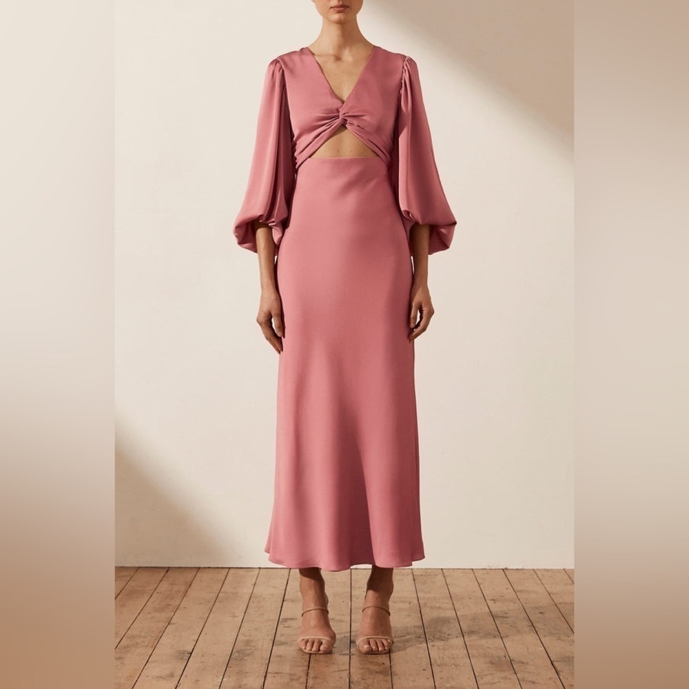 NEW Shona Joy Luxe Twist Front Baloon Sleeve Midi Rose 14